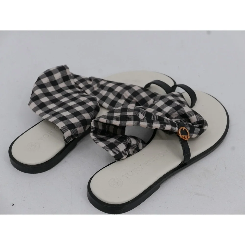 Tory Burch Selby Scarf Flat Toe Ring Sandals Black Gingham Women's Size 9.5